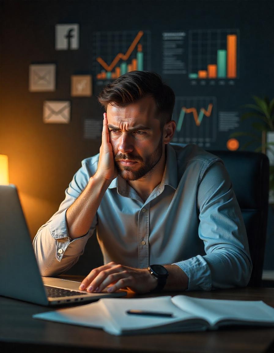 A frustrated small business owner sitting at a cluttered desk, looking at a declining graph on a laptop screen with digital marketing icons in the background.