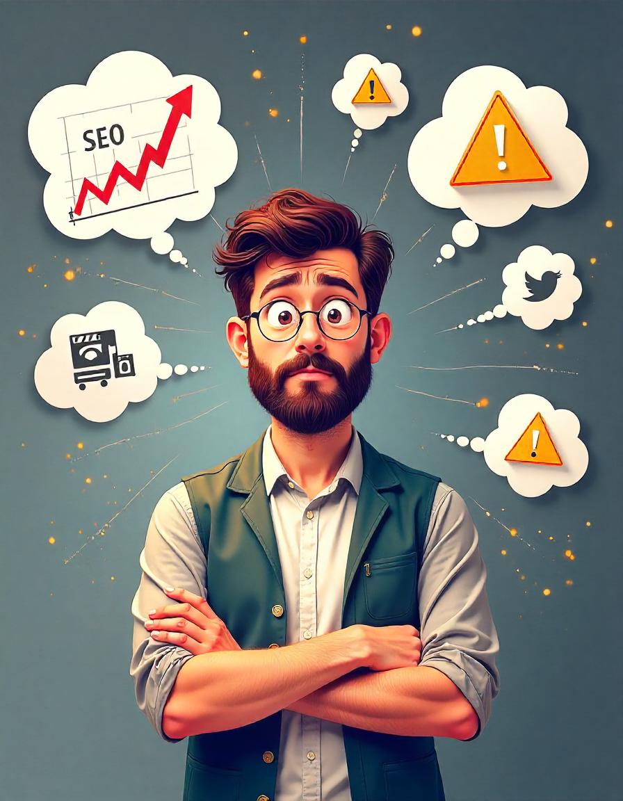 Man thinking about SEO, social media, and digital marketing issues